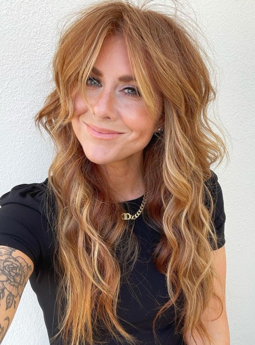 Long Light Copper Hair with Soft Curtain Bangs