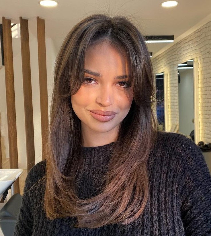 Wispy Curtain Bangs for Straight Hair Medium Part Hairstyle for Straight Brunette Hair