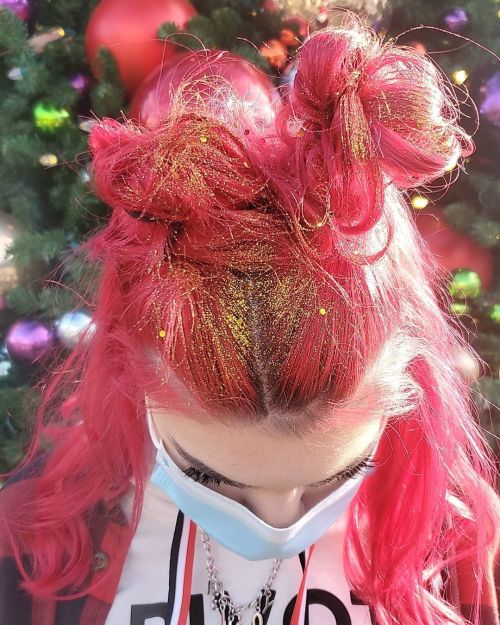 Half Updo With Space Buns Sprayed With Golden Shimmer Spray