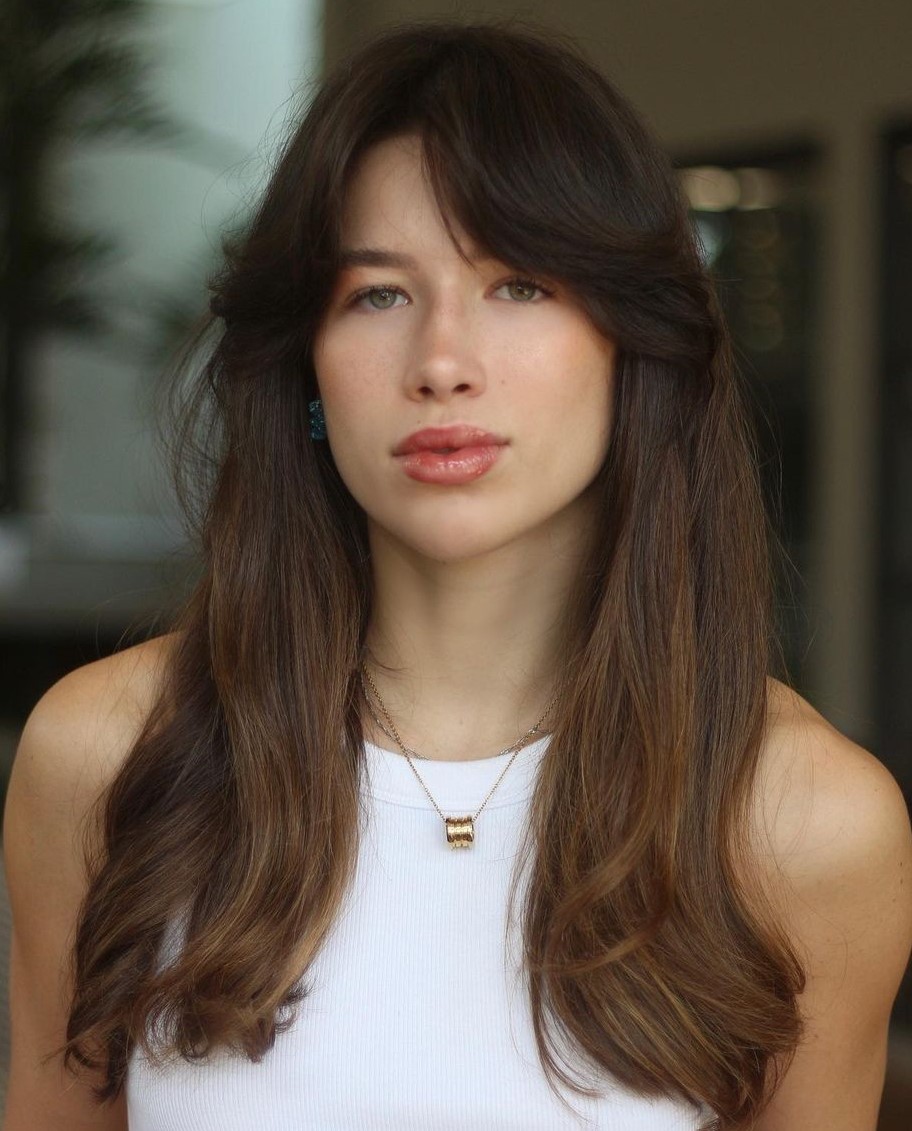 Wavy Hair Curtain Bangs Long Thick Hair with Off Center Curtain Bangs