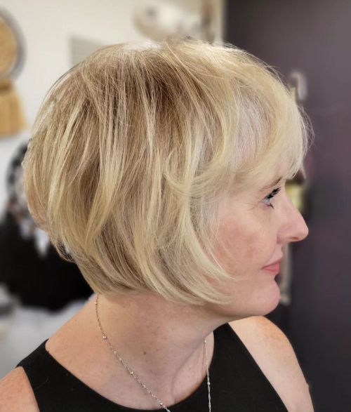 Short Feathered Blonde Bob to Cover Grays