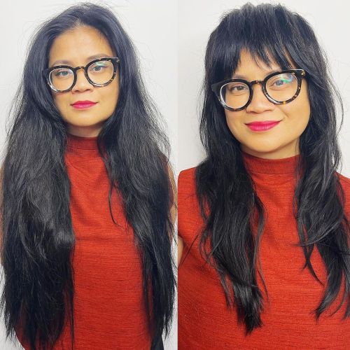 Curtain Bangs with Long Dark Hair and Glasses Before and After