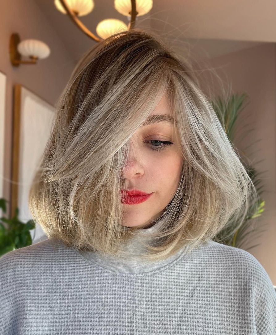 Long Bob with Bright Blonde Balayage and Bubble Silhouette