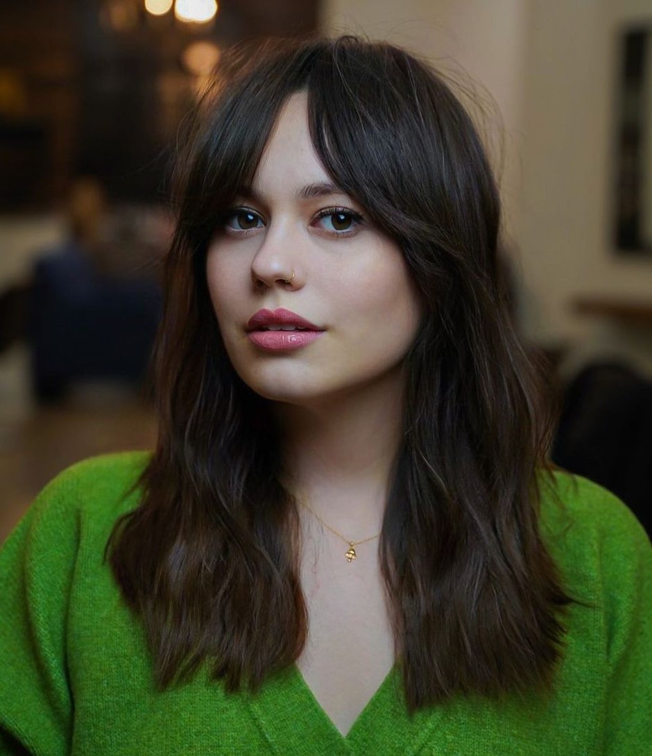 Medium Razored Cut for Brunettes Curtain Bangs on Dark Thick Hair