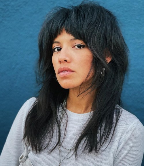 Cool Mullet Wolf Haircut Voluminous Black Shag with Bangs