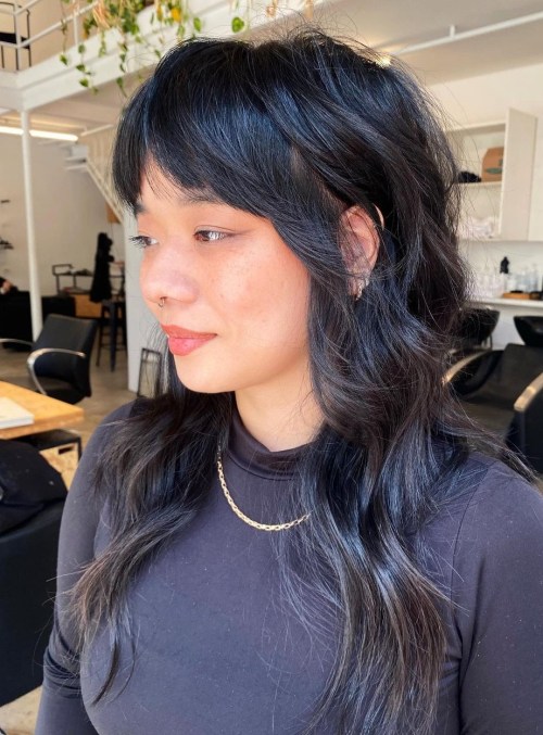 Wolf Cut with Soft Curls Long Feathered Shag for Dark Brown Hair