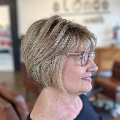 60+ Short Layered Bob with Bangs and Glasses