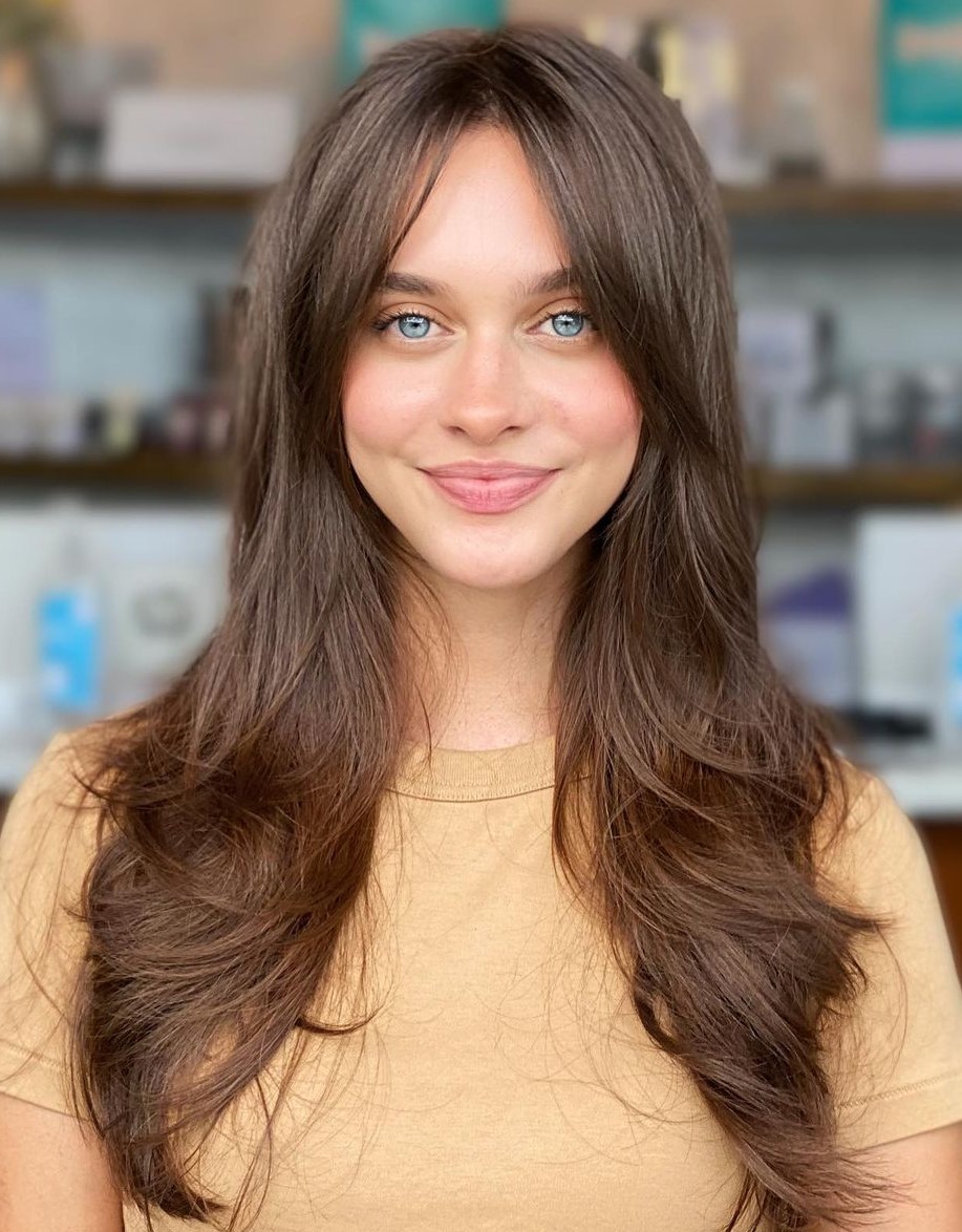 Long Brunette Hair with Layers and Curtain Bangs