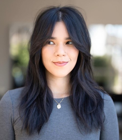 Long Hair with Long Curtain Bangs and Layers