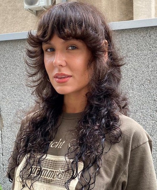 Long Wavy Wolf Cut with Flipped Up Bangs
