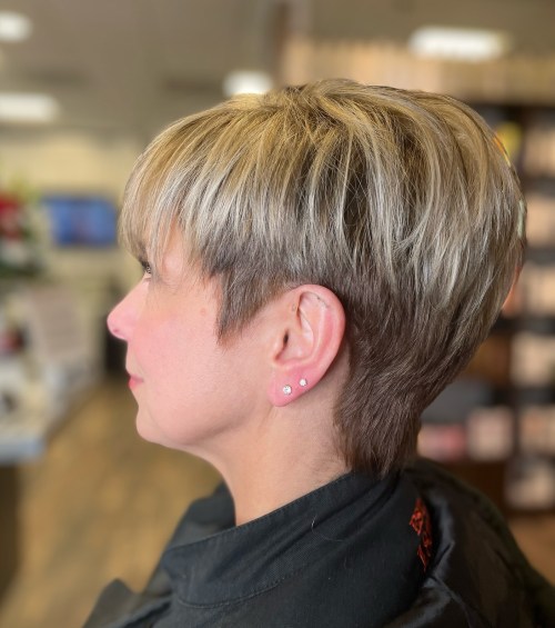 Classy Pixie for over 50 with Dirty Blonde Long Layers on Top