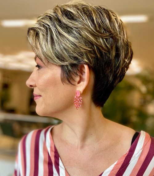 Tapered Feathered Brunette Pixie with Golden Highlights