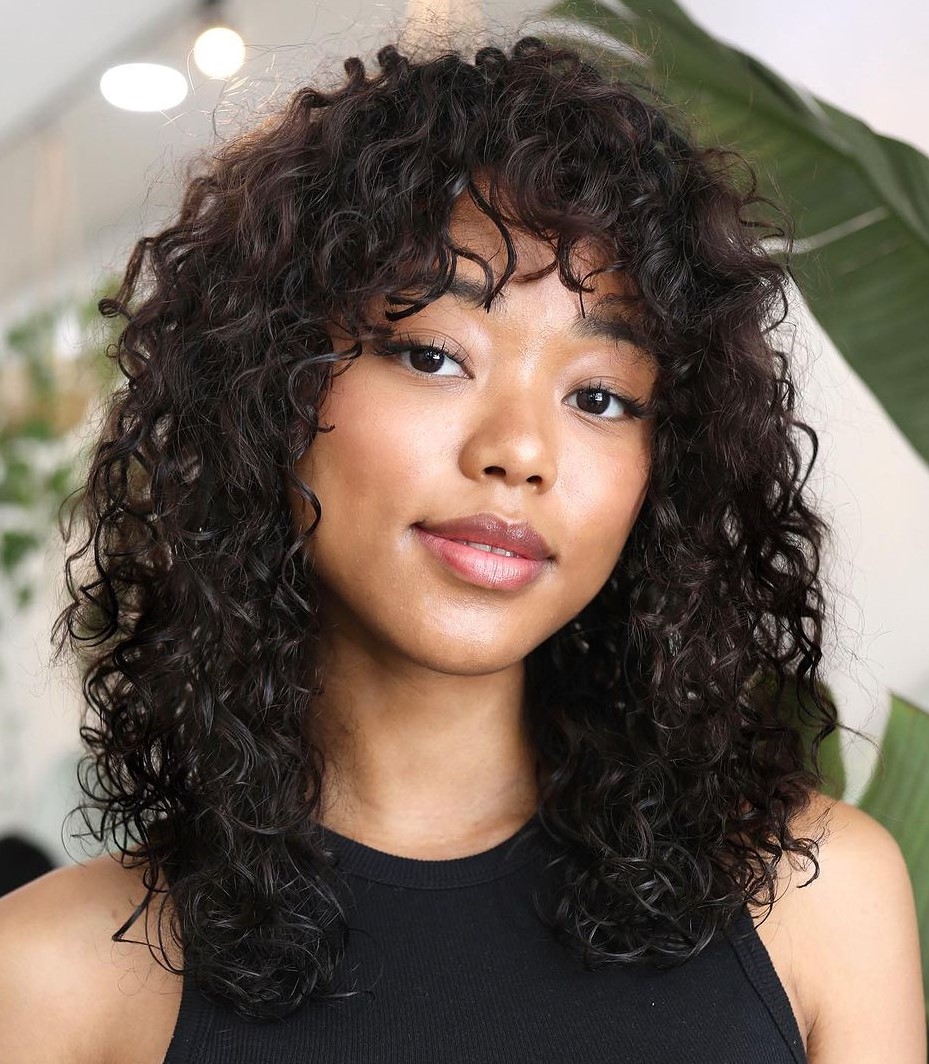 Curly Shoulder Length Hair with Bangs