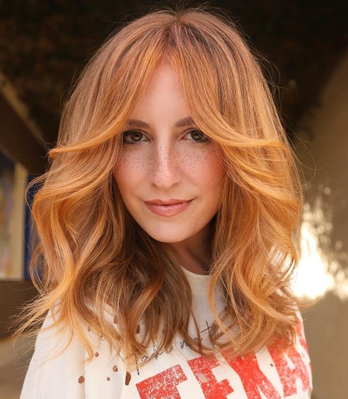 Cute Red Hairstyle with Long Layered Curtain Bangs