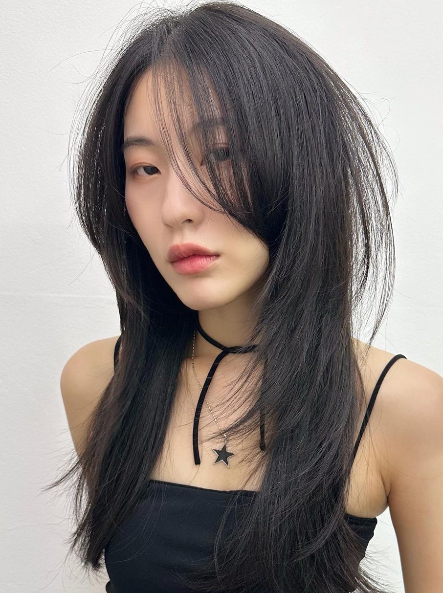 Long Straight Layered Hair with Curtain Bangs